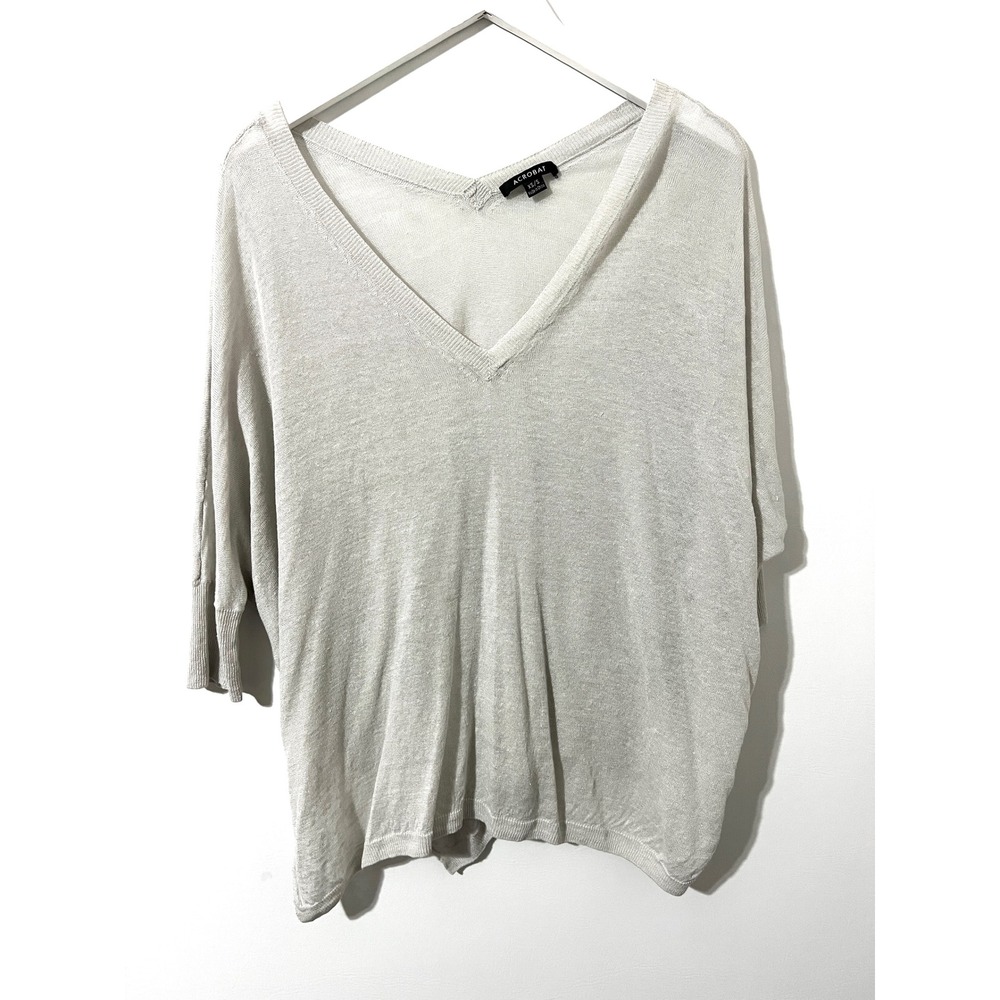 ACROBAT Silver Linen V-Neck‎ Dolman Top Lightweight Summer Knit XS/S